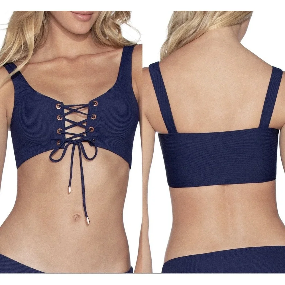 Maaji Dazzling Rib 4-Way Reversible Bikini Top Striped Size Small Lace Up